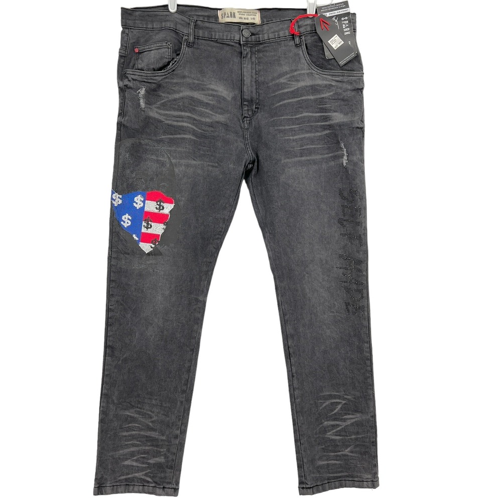 SPARK Mens Slim Straight Distressed Stretch Mid Wash Black Denim Jeans 42x32 NWT
